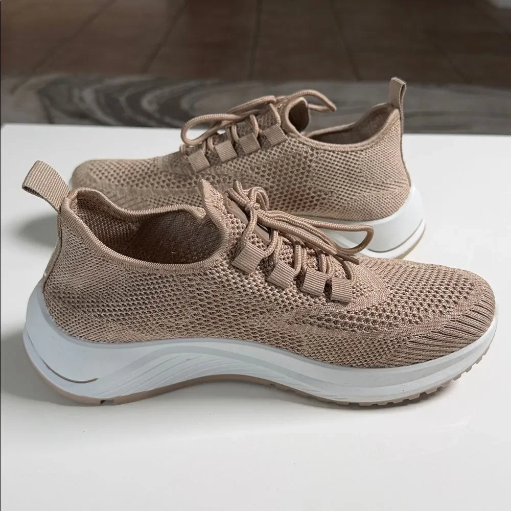 Neutral Knit Lace-Up Sneakers in Taupe